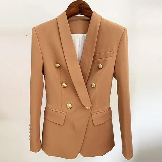 Double Breasted Metal Lion Buttons Shawl Collar Blazer - Dress Networks
